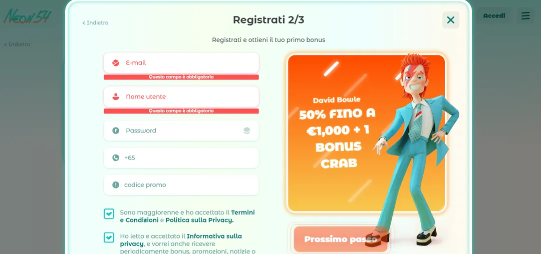 Registrazione al casino Neon 54